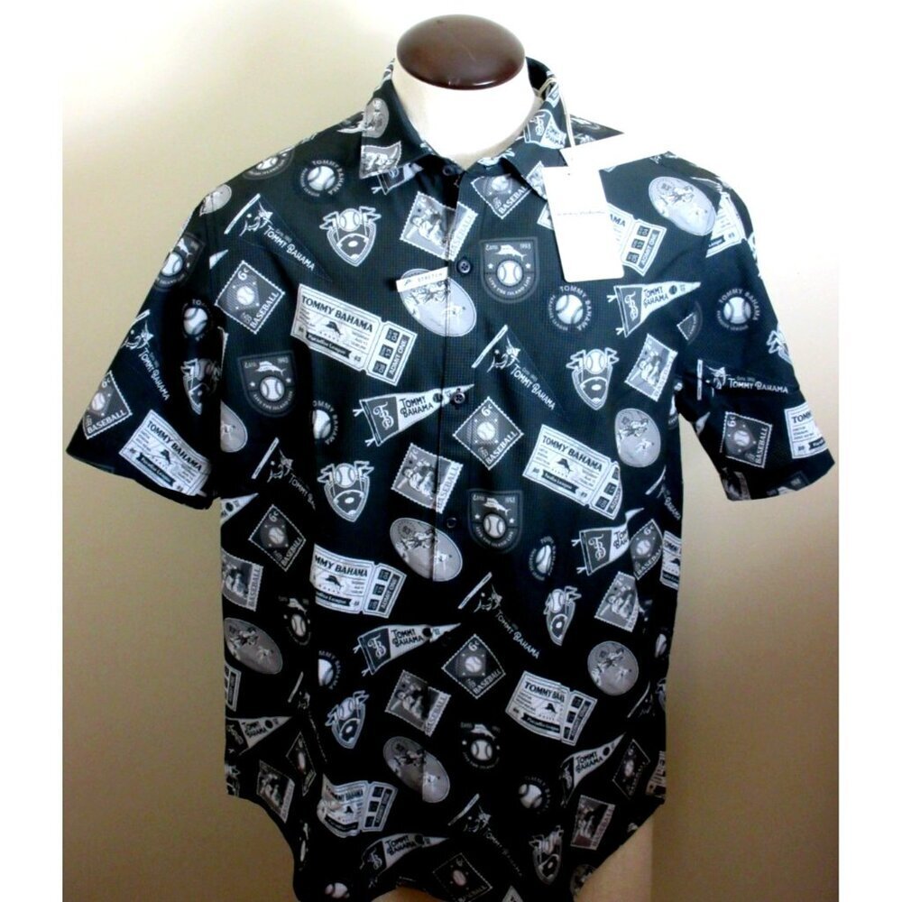 Tommy Bahama Men's SS Big Hitter Baseball Button Up Shirt Black Grey NWT
